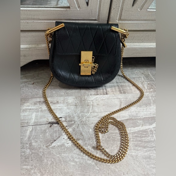 Chloe drew quilted Black Leather Bag with Gold Chain cross body micro bag - Picture 1 of 9